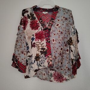 Umgee Boho Floral Patchwork Blouse Small Kimono Sleeve V Neck Rayon Top